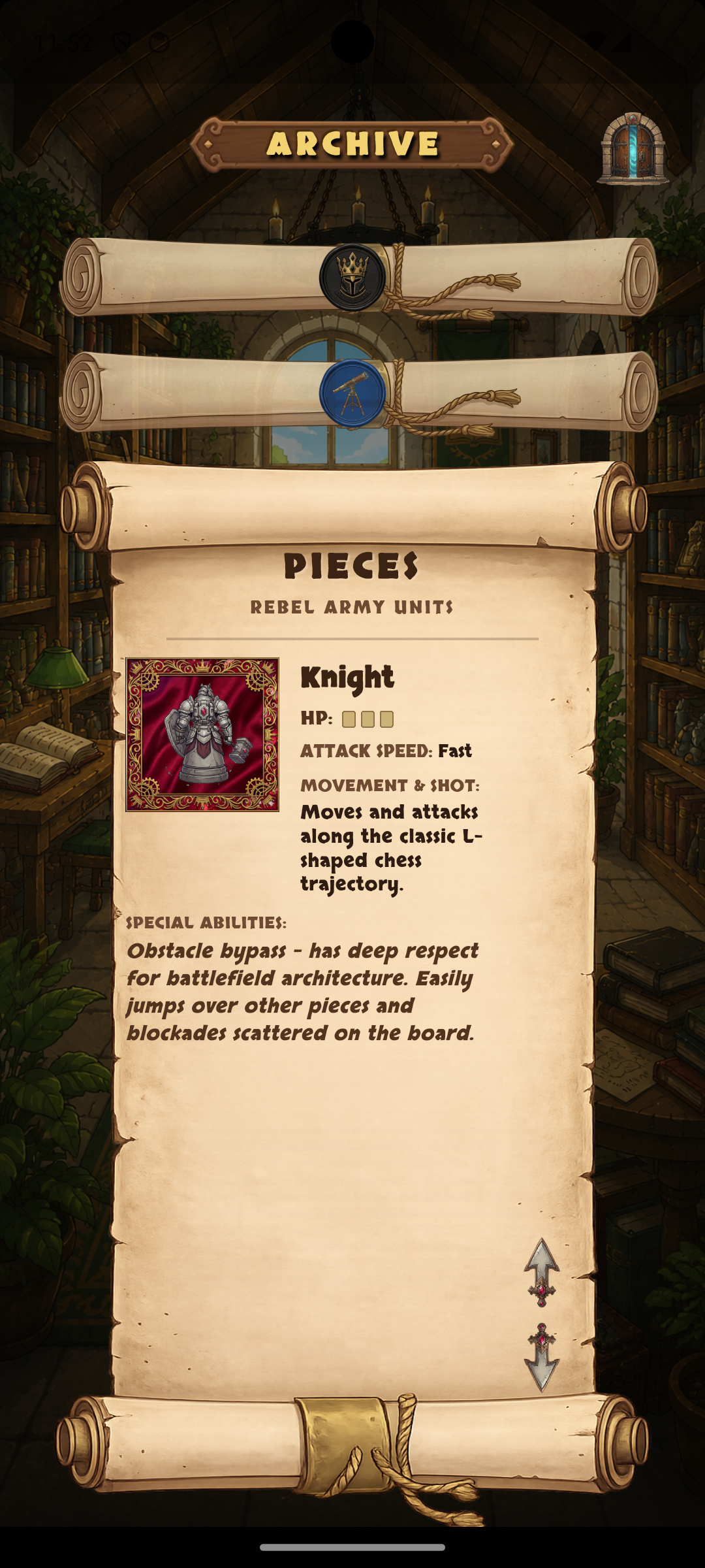 Chess TD Archive — Knight unit details on a parchment scroll