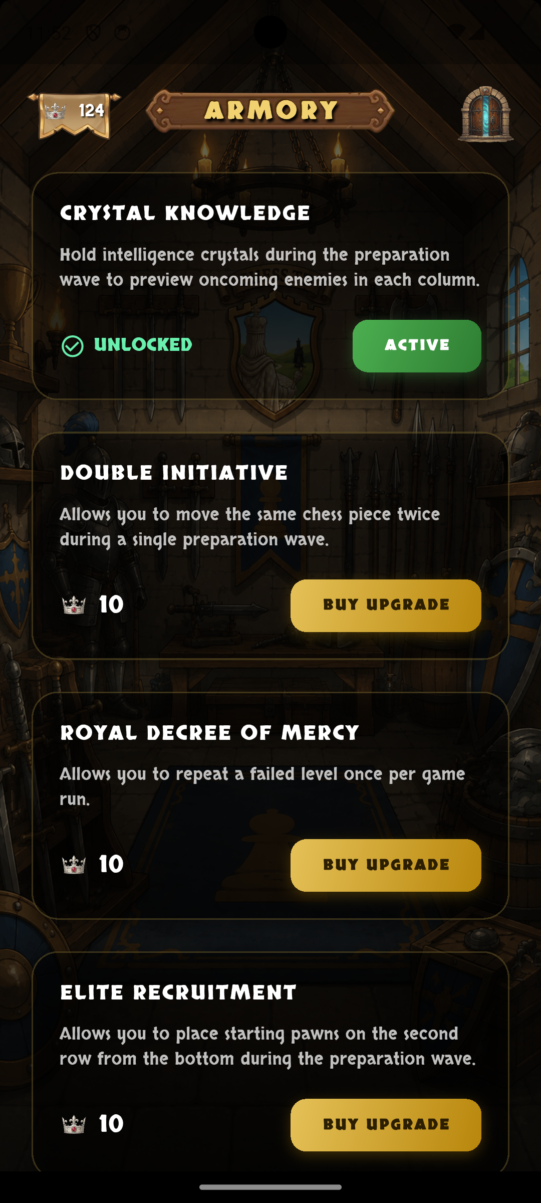 Chess TD Armory upgrade screen