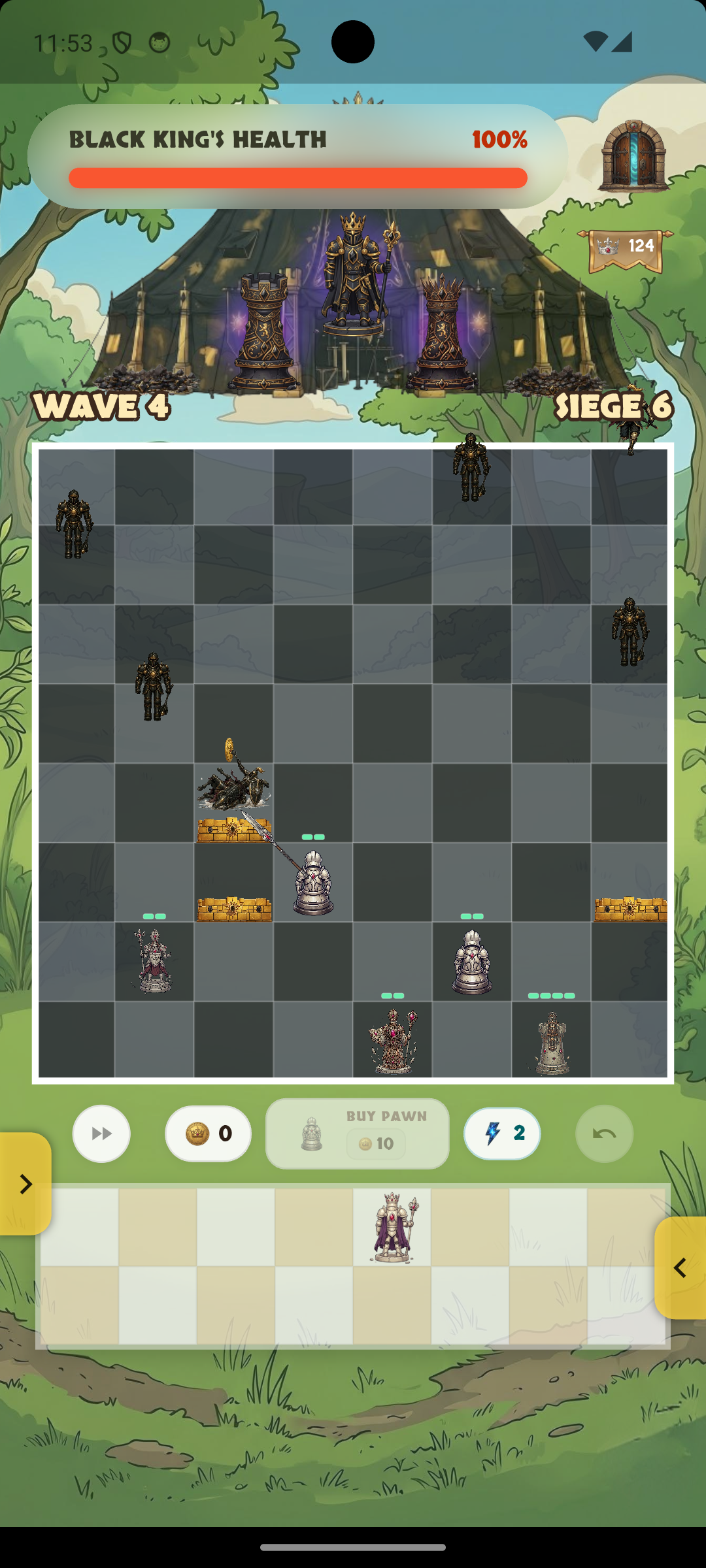 Chess TD combat — bishop firing at incoming enemies