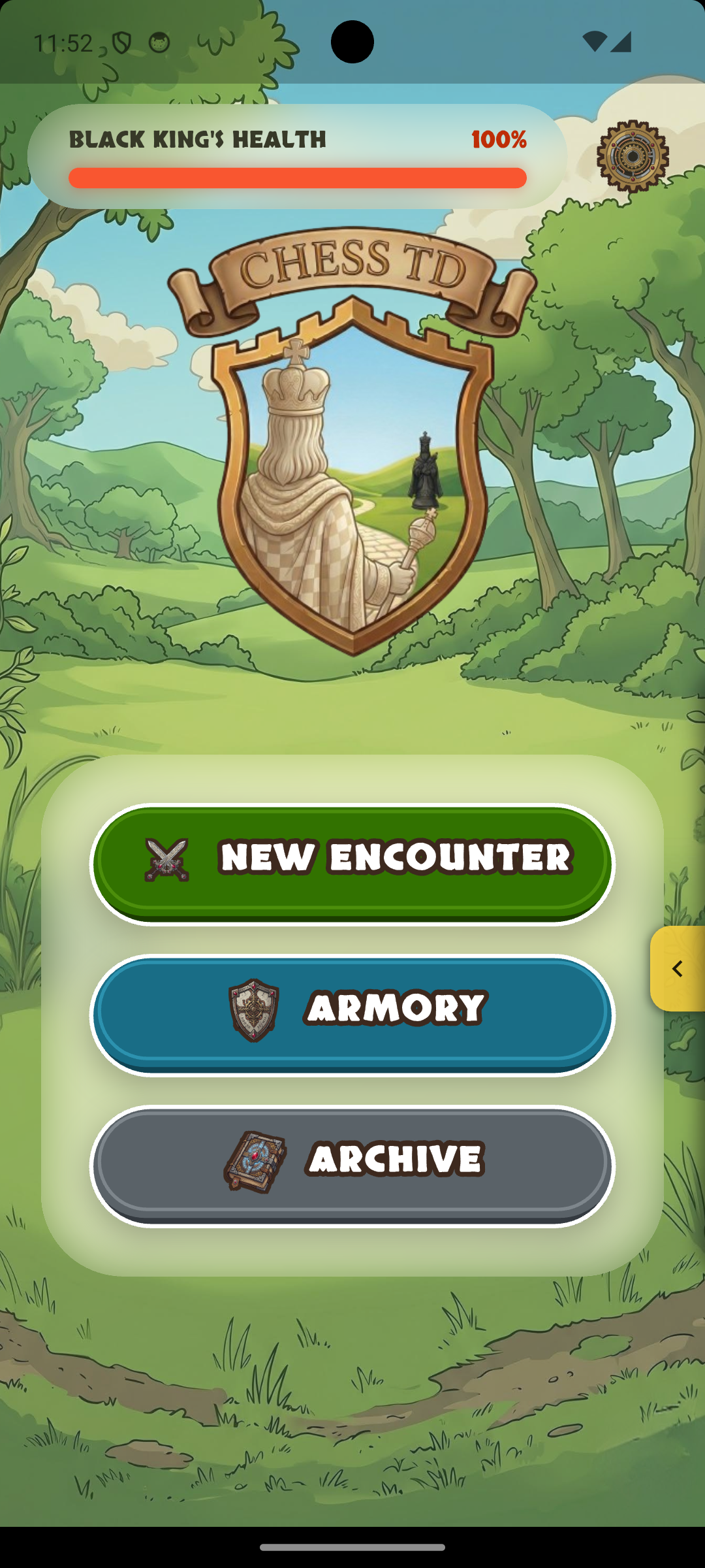 Chess TD main menu with New Encounter, Armory, and Archive buttons
